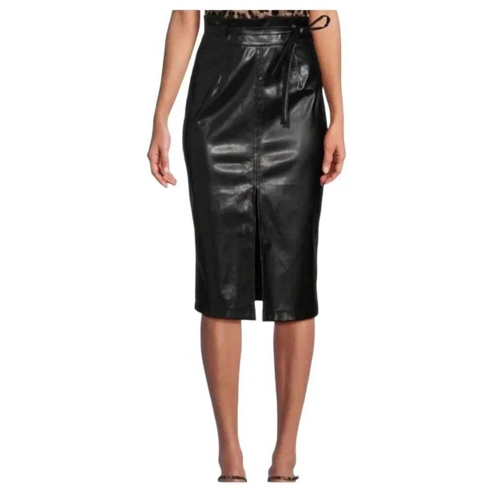 Area Stars Leatherette Vegan Leather Belted Midi Skirt with Front Slit Size XS